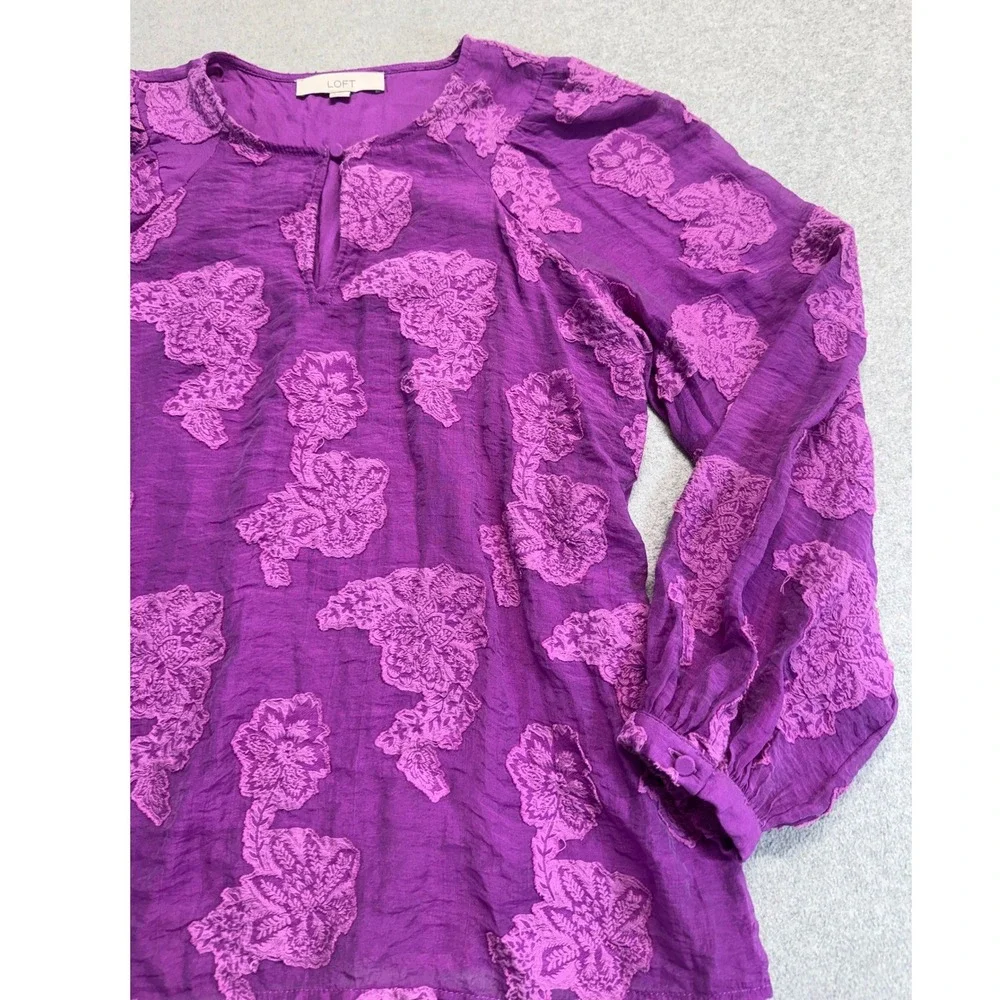 Loft Blouse Womens Small‎ Purple Floral Embroidered Peasant Boho Long Sleeve Top